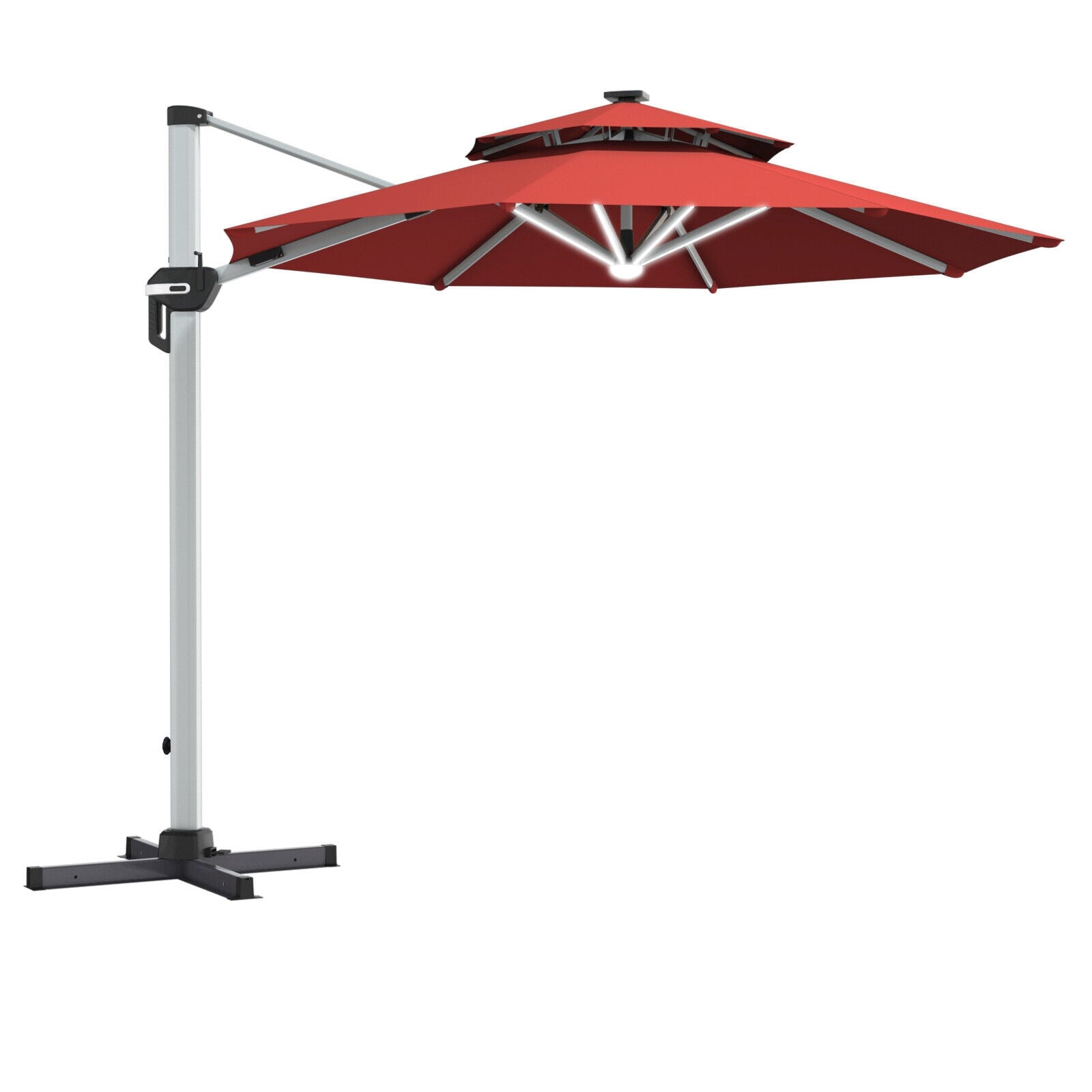 Relaxacare, 10 Feet 360° Rotation Aluminum Solar LED Patio Cantilever Umbrella without Weight Base-Burgundy