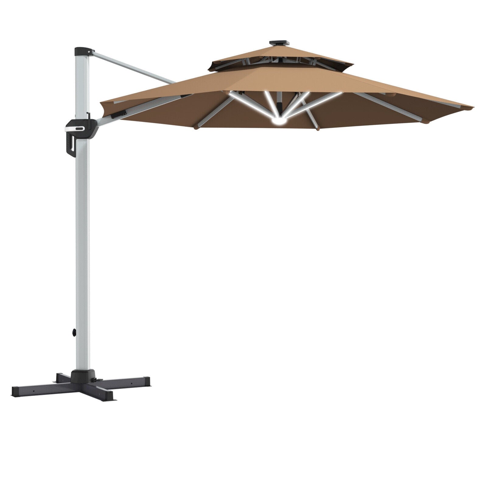 Relaxacare, 10 Feet 360° Rotation Aluminum Solar LED Patio Cantilever Umbrella without Weight Base-Tan